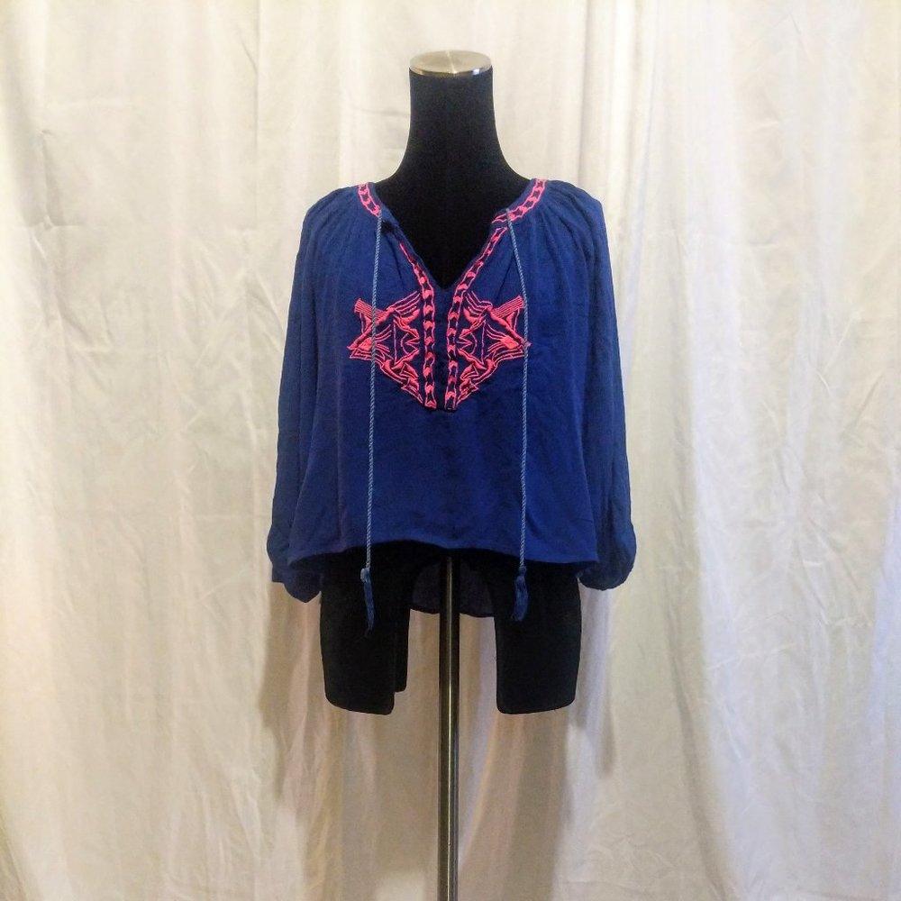 Vibrant Pink and Royal Blue Bohemian Peasant Top Women's Size Small